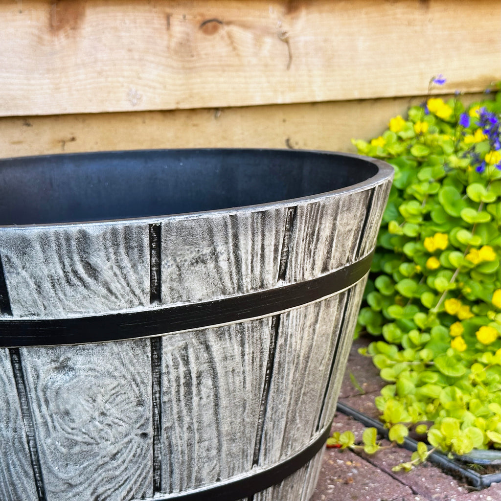 Grey Wood Effect Barrel Planter 21L