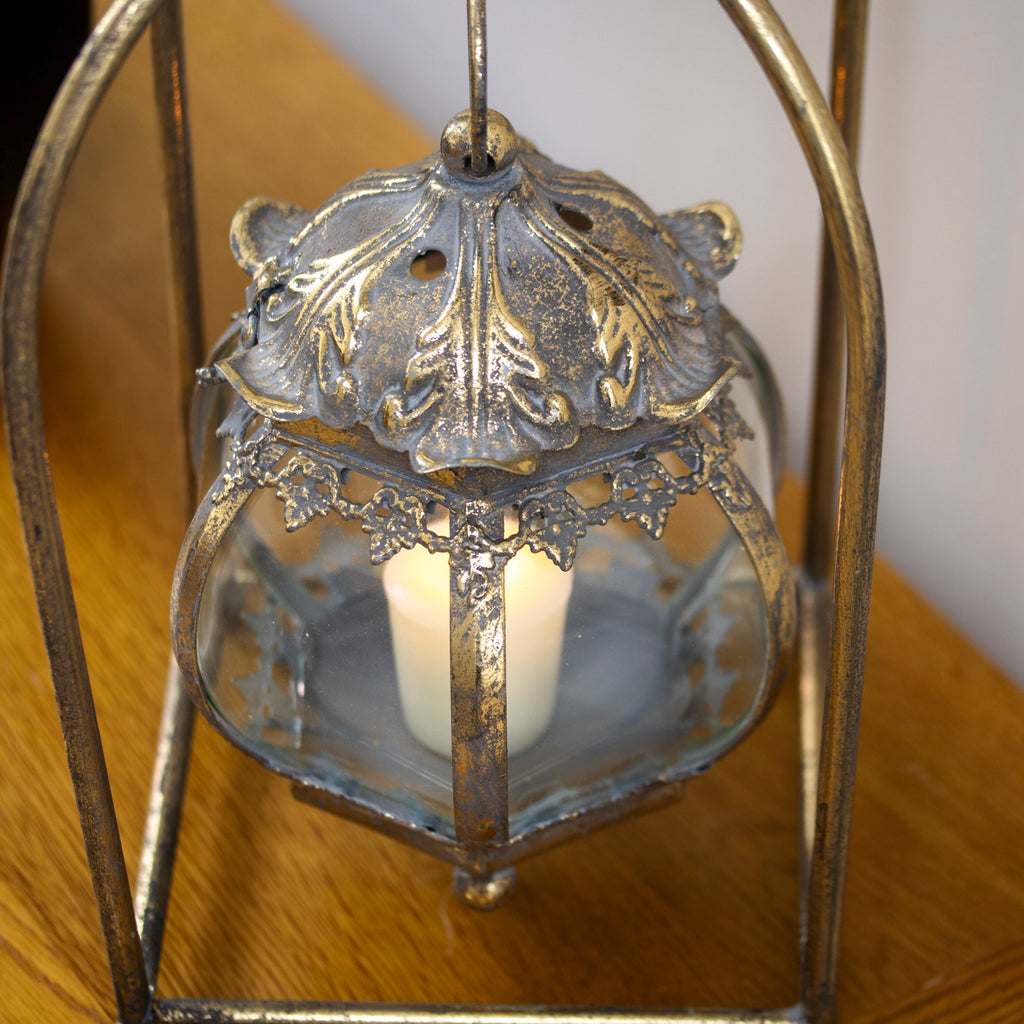 Vintage Glass Globe Candle Lantern in Metal Frame