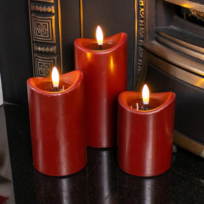 Wine Red LED Wax Pillar Candles Set Of 3