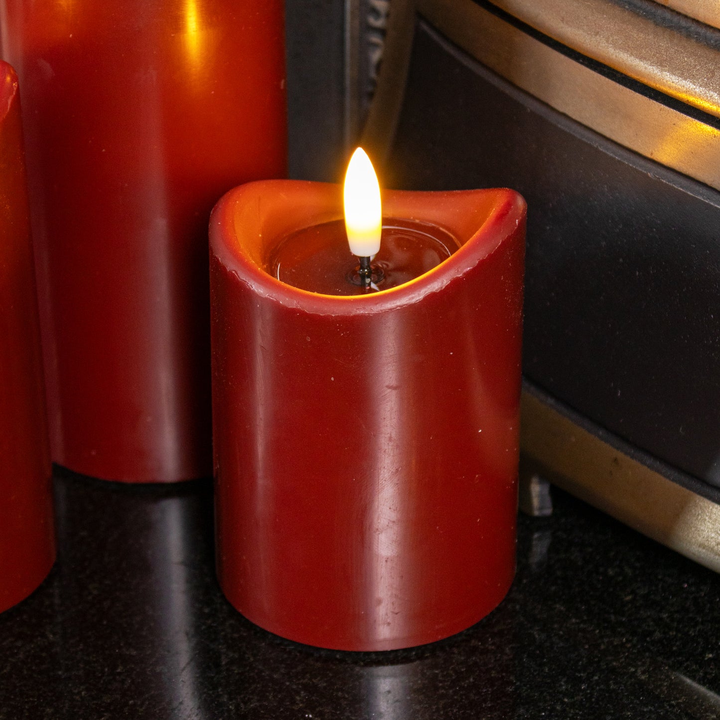 Wine Red LED Wax Pillar Candles Set Of 3