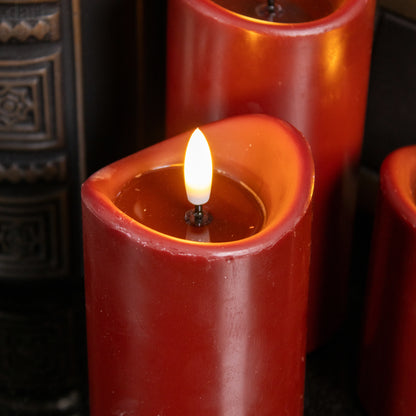 Wine Red LED Wax Pillar Candles Set Of 3