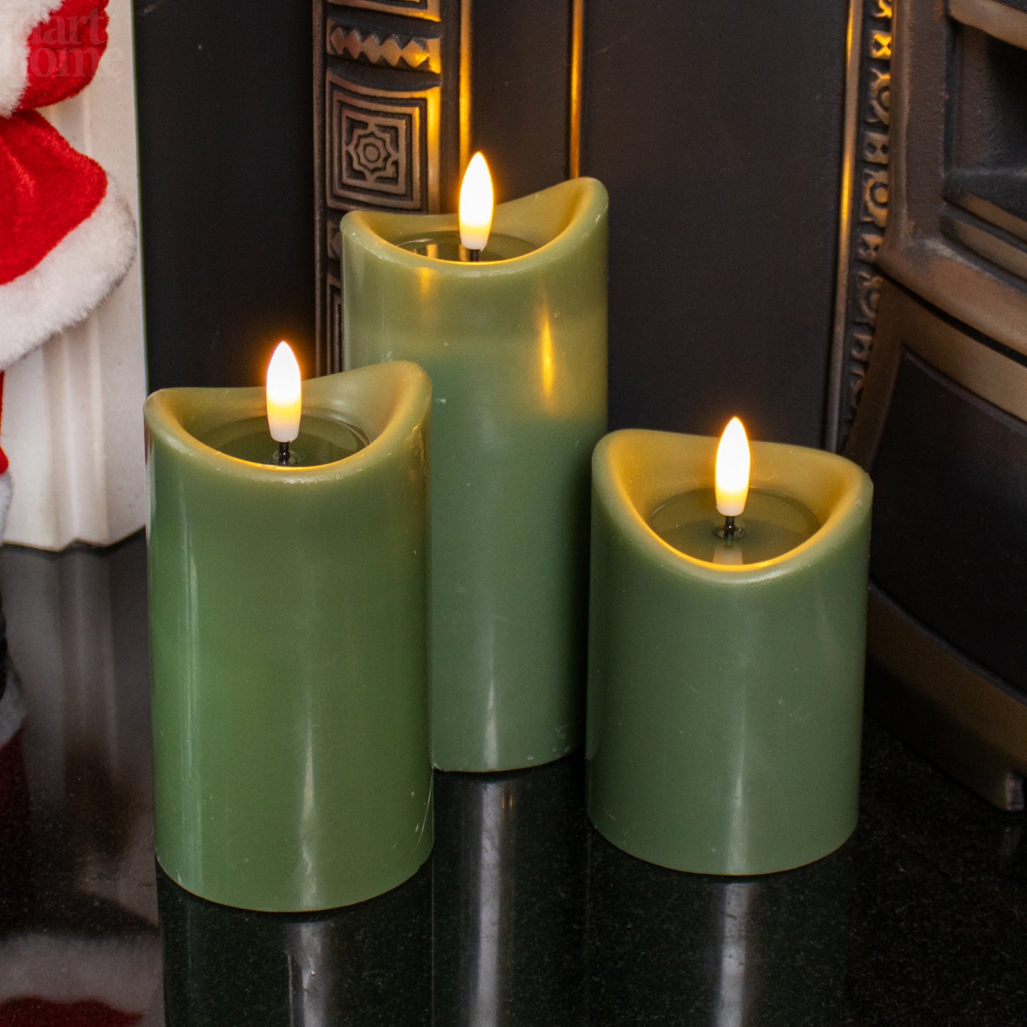 Green LED Wax Pillar Candles Set Of 3