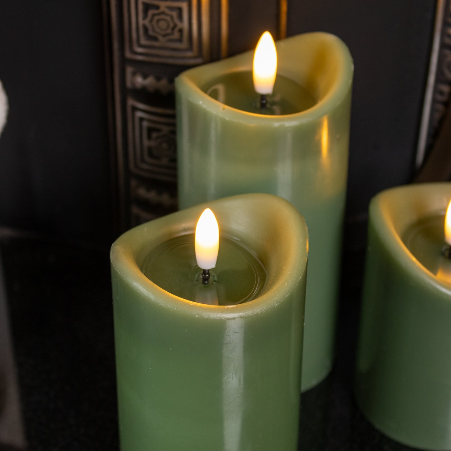 Green LED Wax Pillar Candles Set Of 3