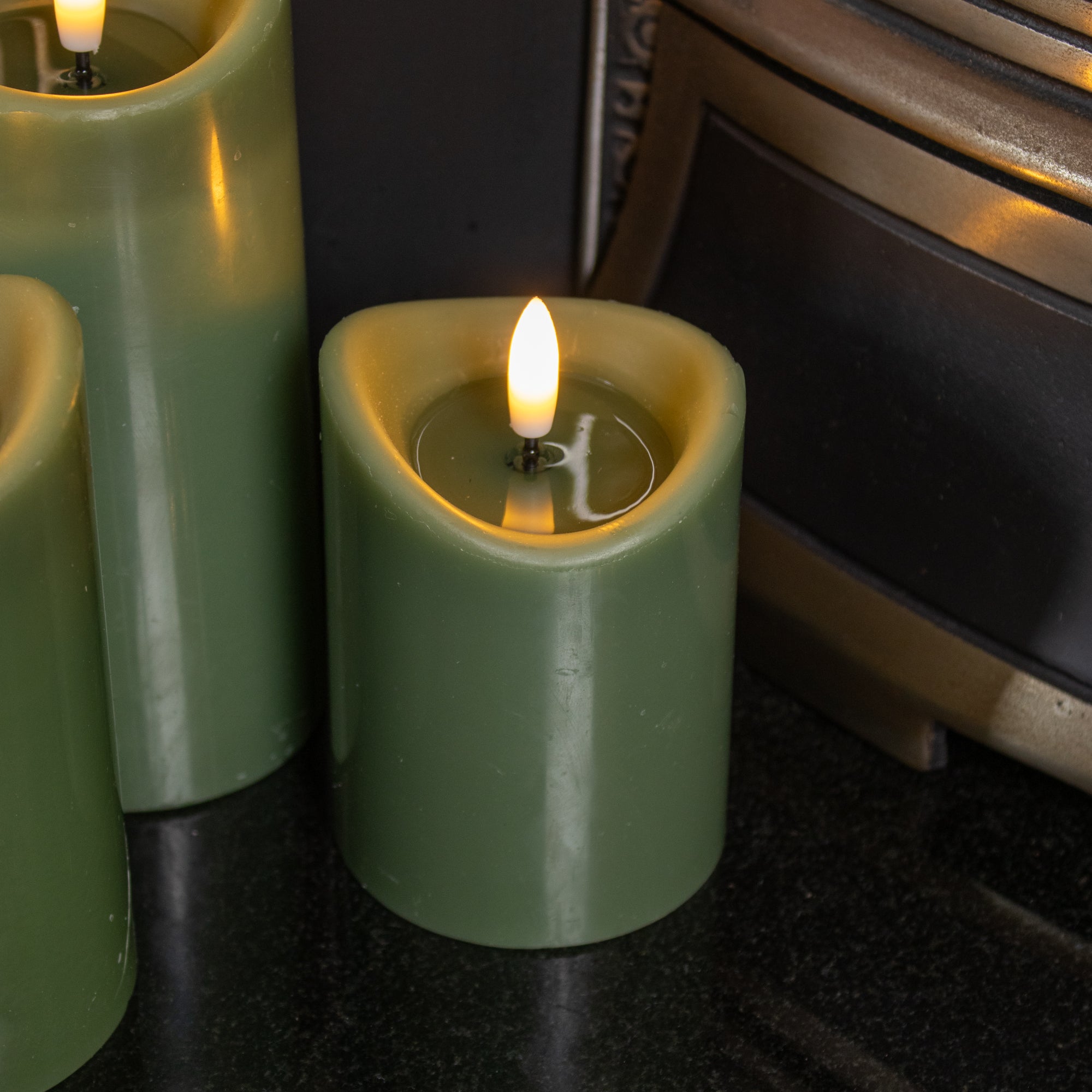 Green LED Wax Pillar Candles Set Of 3