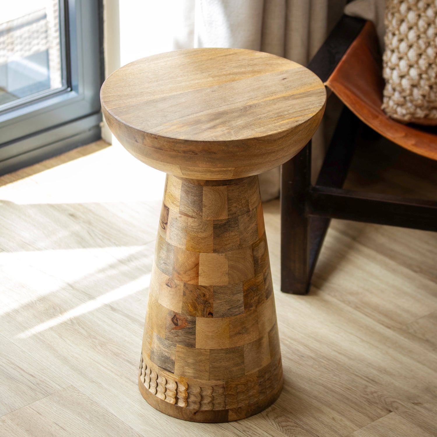 Mango Wood Round Pedestal Side Table