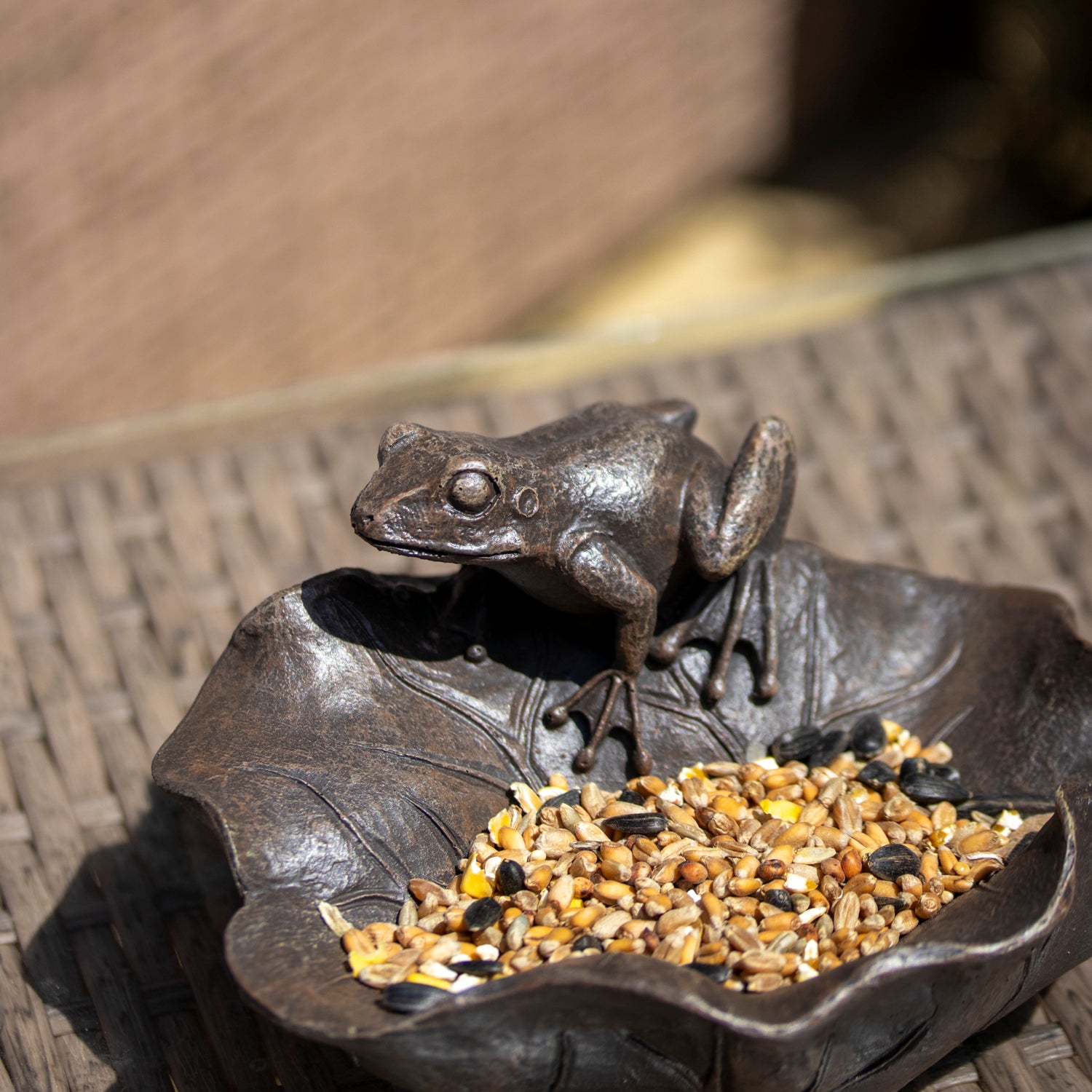 Antique Bronze Frog On Leaf Bird Feeder
