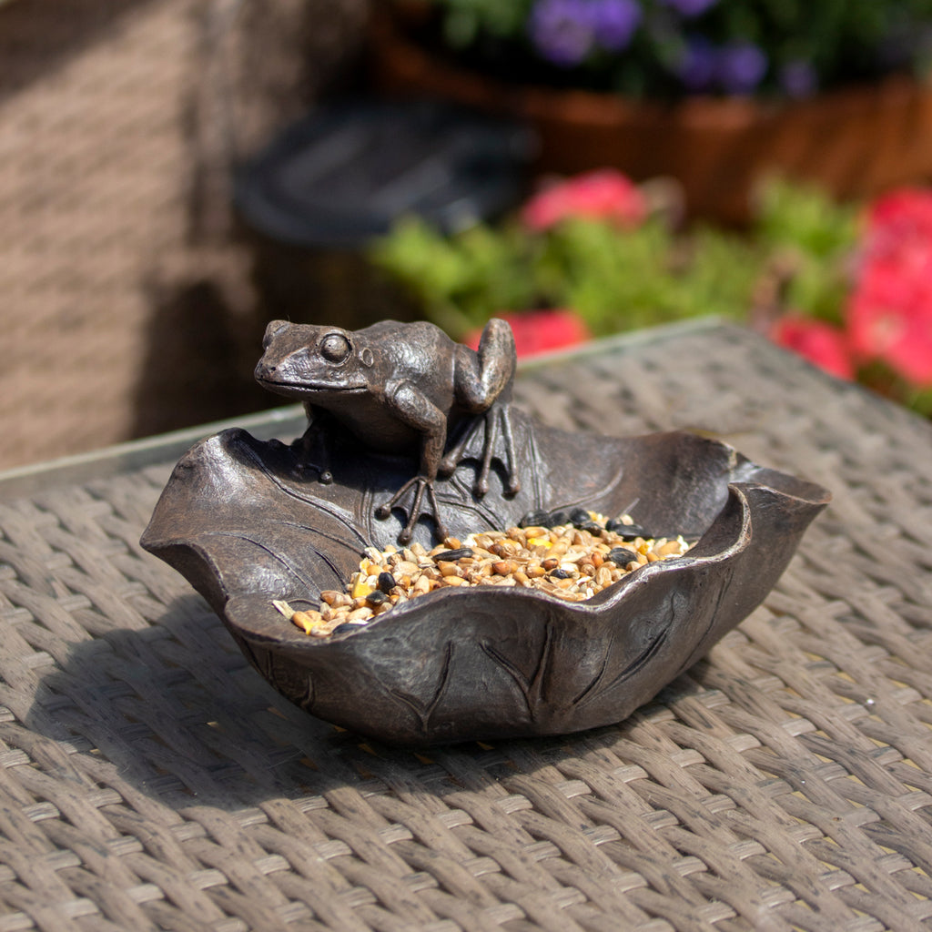 Antique Bronze Frog On Leaf Bird Feeder