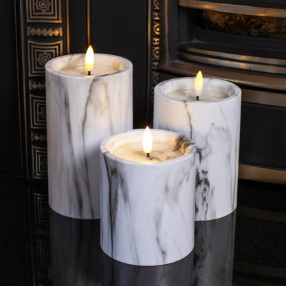 White Marble LED Pillar Candles Set Of 3