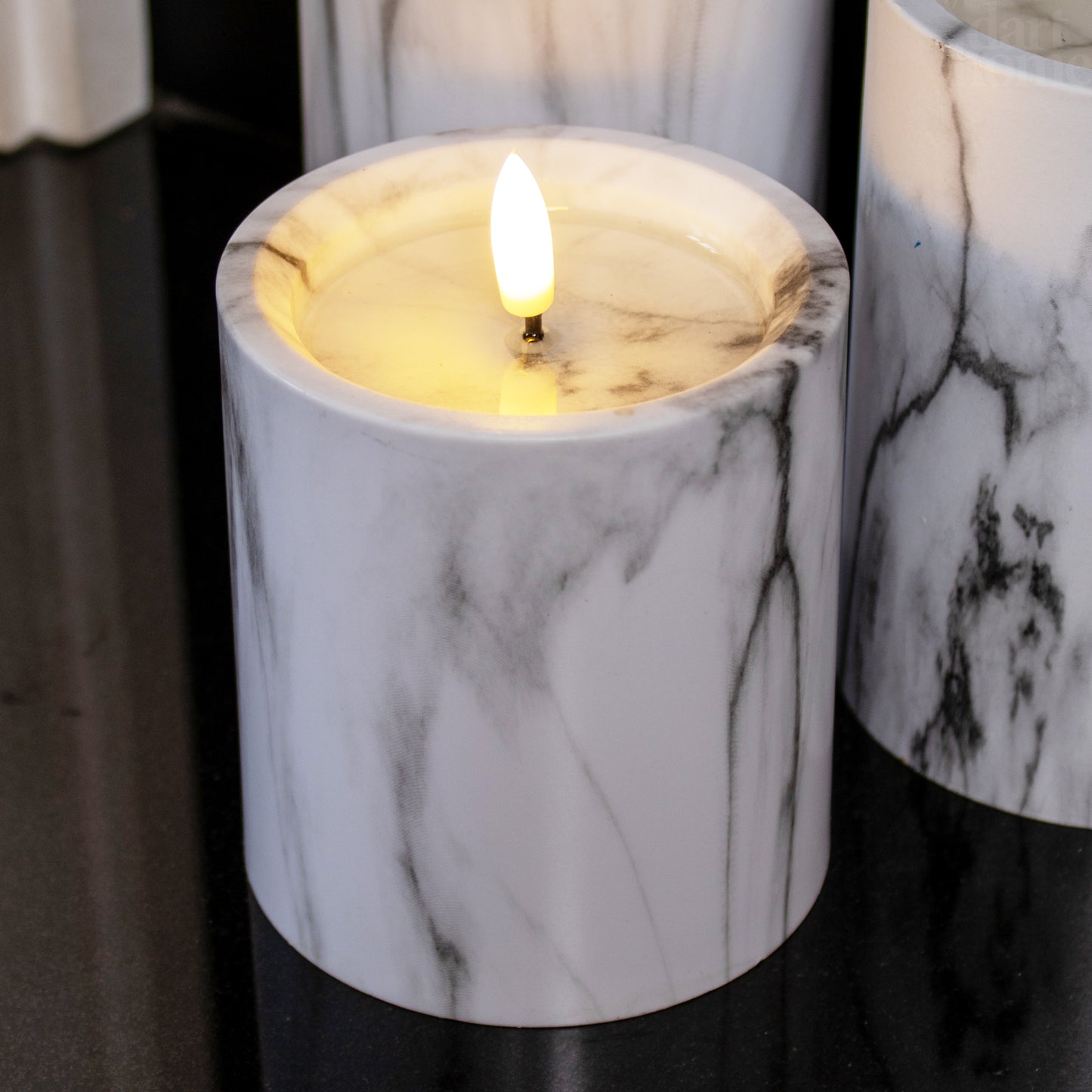 White Marble LED Pillar Candles Set Of 3