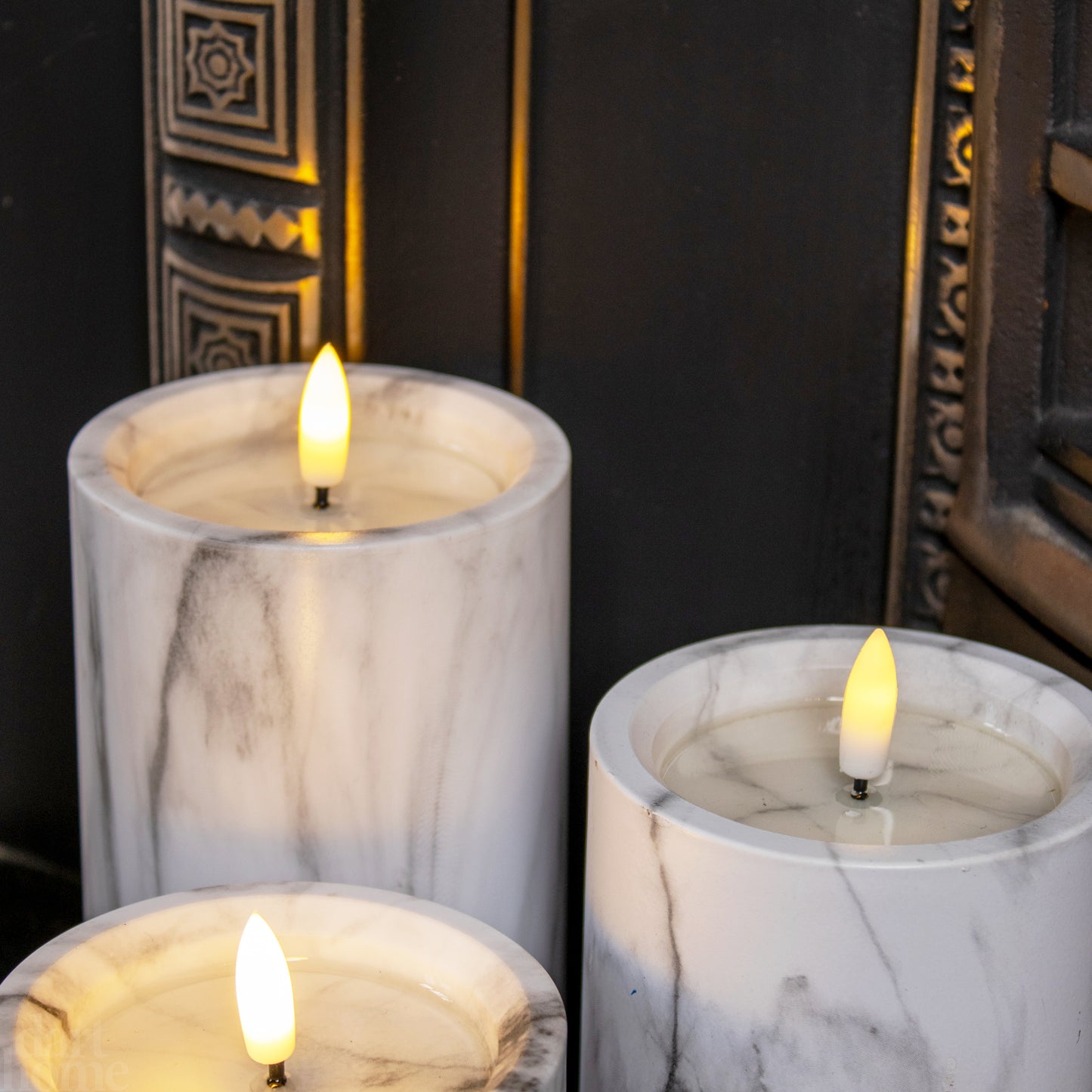 White Marble LED Pillar Candles Set Of 3