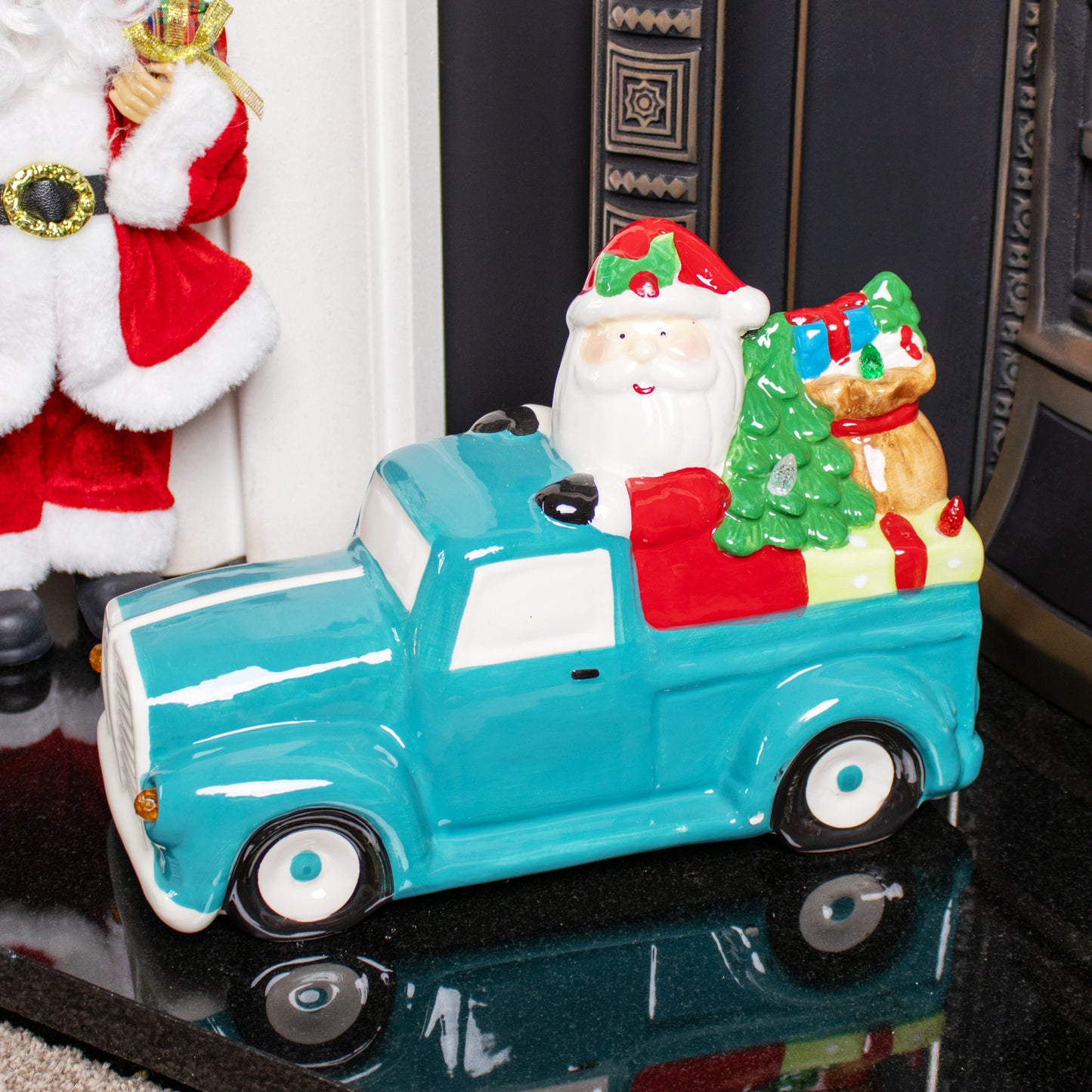 Light Up Santa In Blue Car Ornament