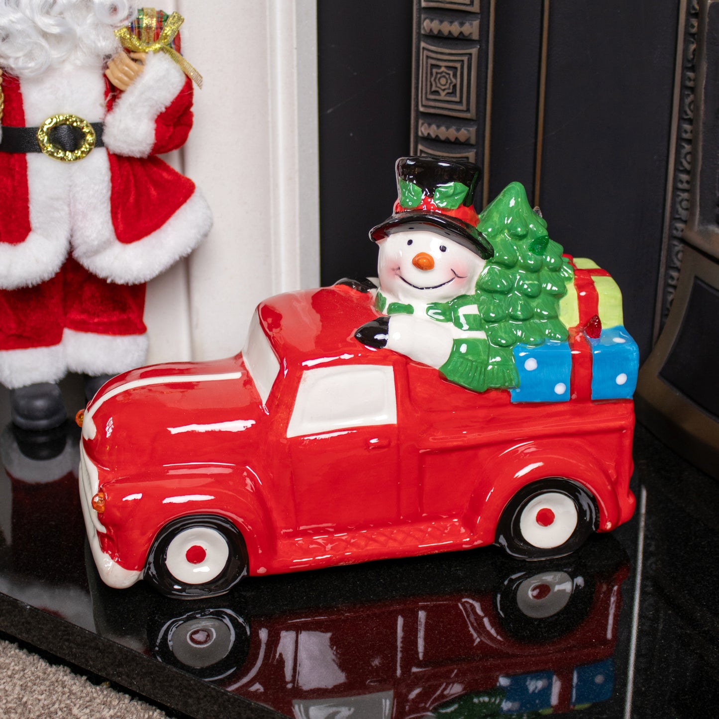 Light Up Snowman In Red Car Ornament