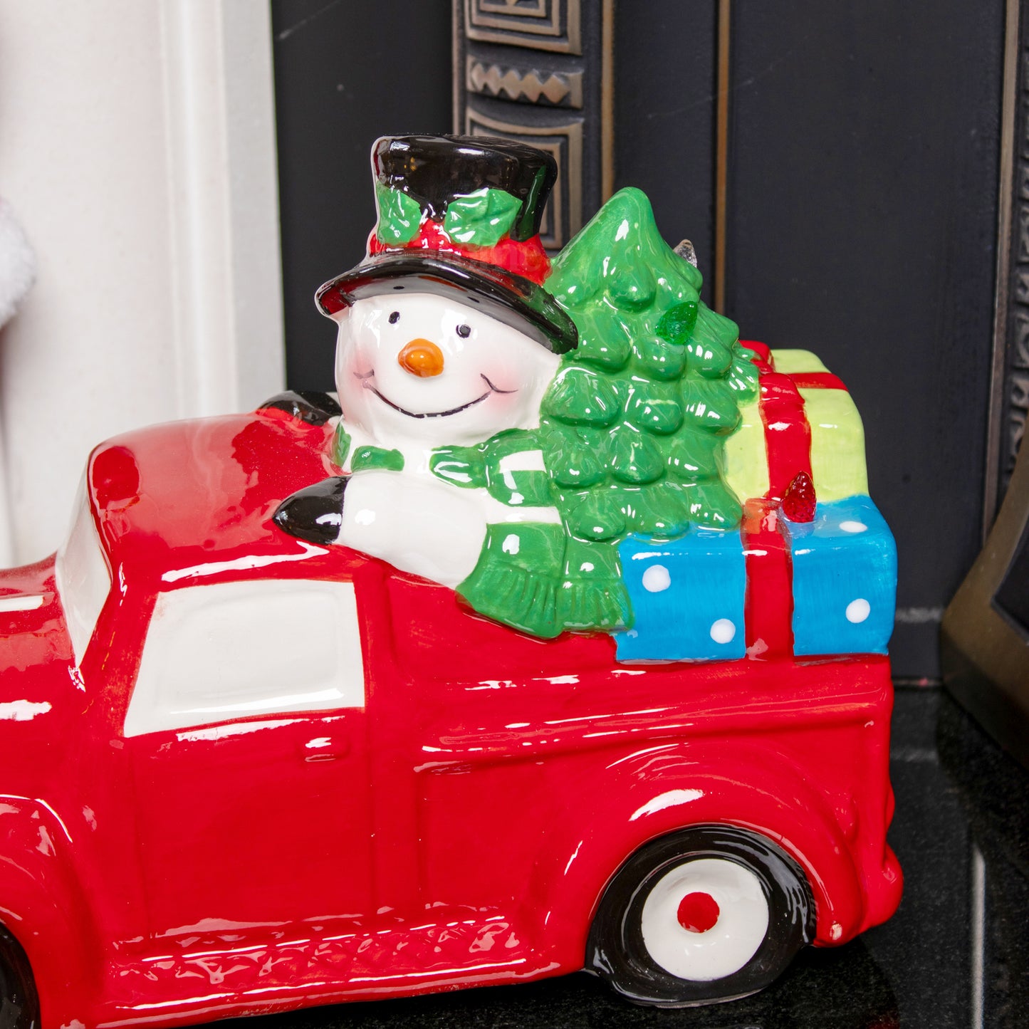 Light Up Snowman In Red Car Ornament