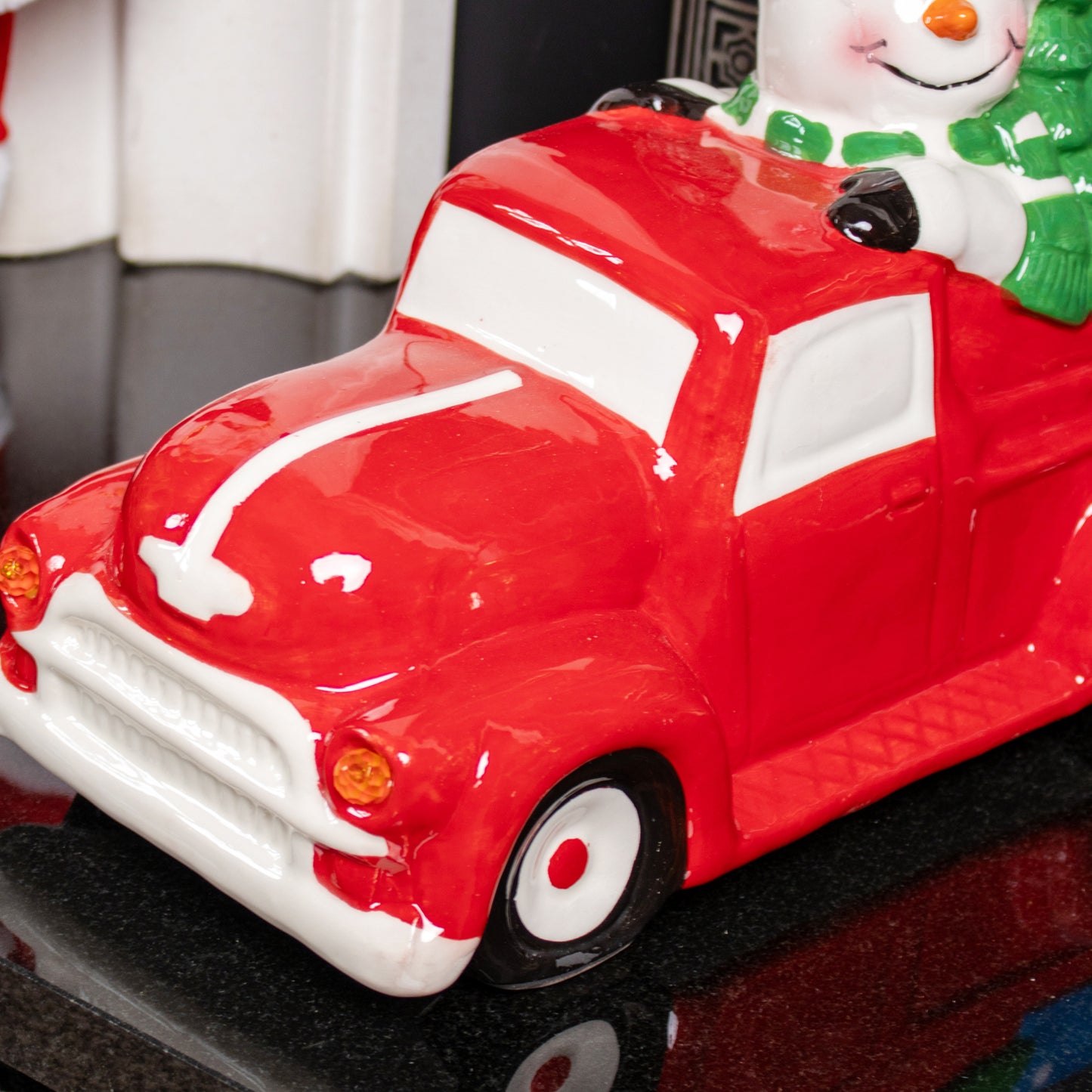 Light Up Snowman In Red Car Ornament