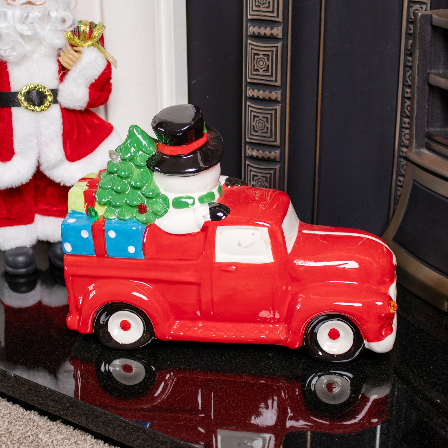 Light Up Snowman In Red Car Ornament