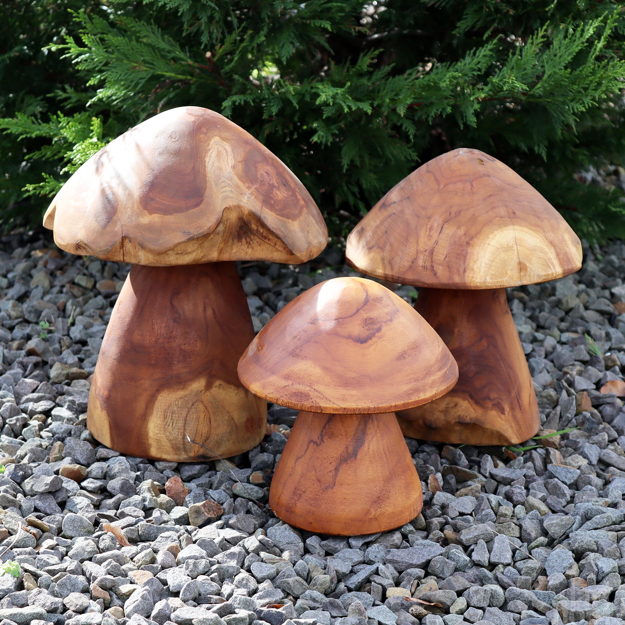 Set Of 3 Teak Root Mushroom Sculptures