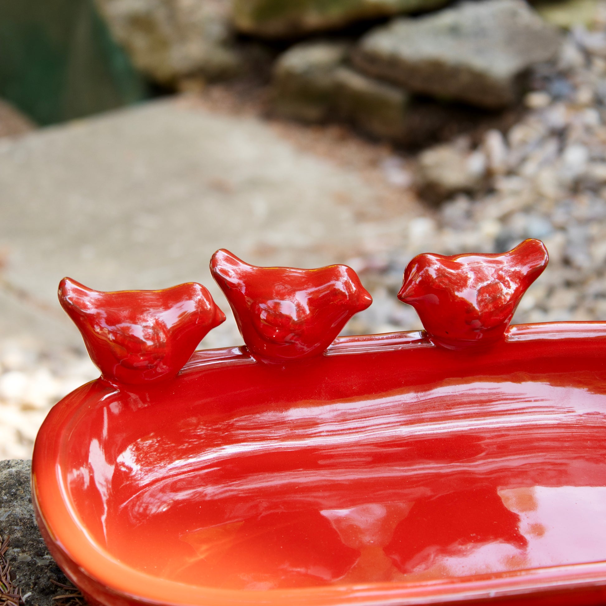 Red Glaze Oval Ceramic Bird Bath