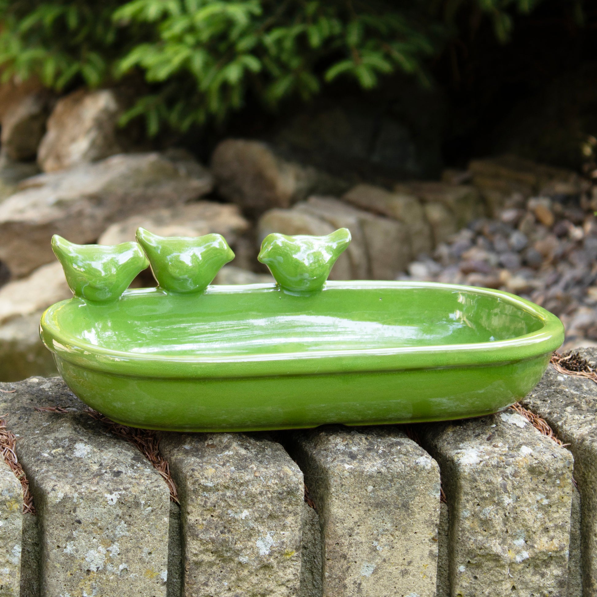 Green Glaze Oval Ceramic Bird Bath