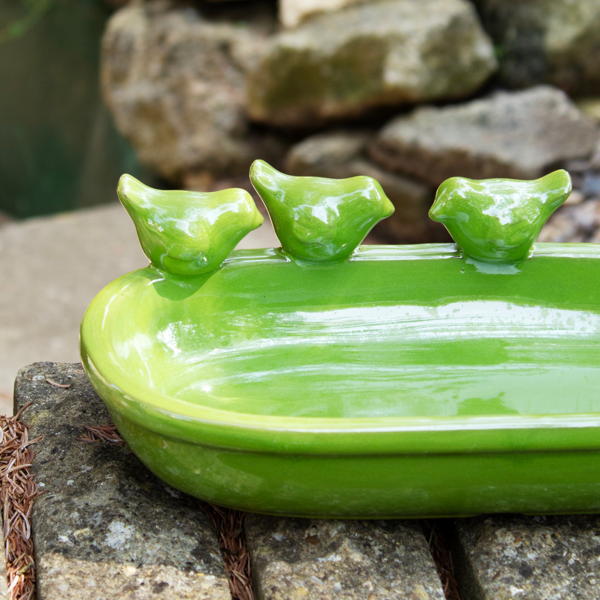 Green Glaze Oval Ceramic Bird Bath