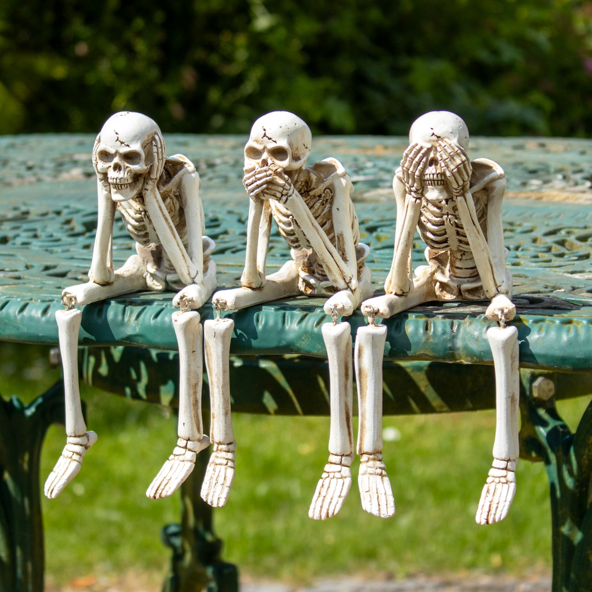 Regal mit drei weisen Skelettornamenten