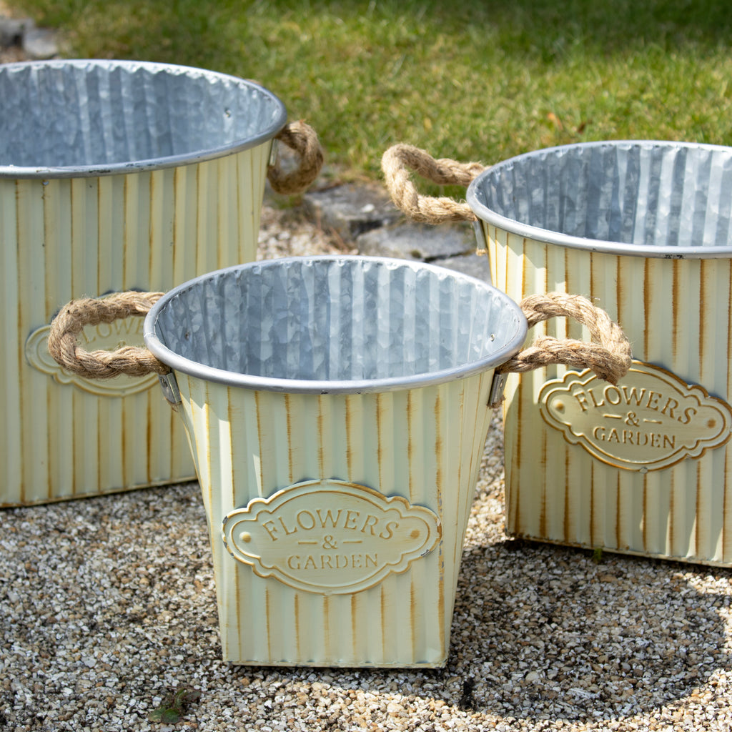 Set Of 3 Antique Cream Ribbed Zinc Planters