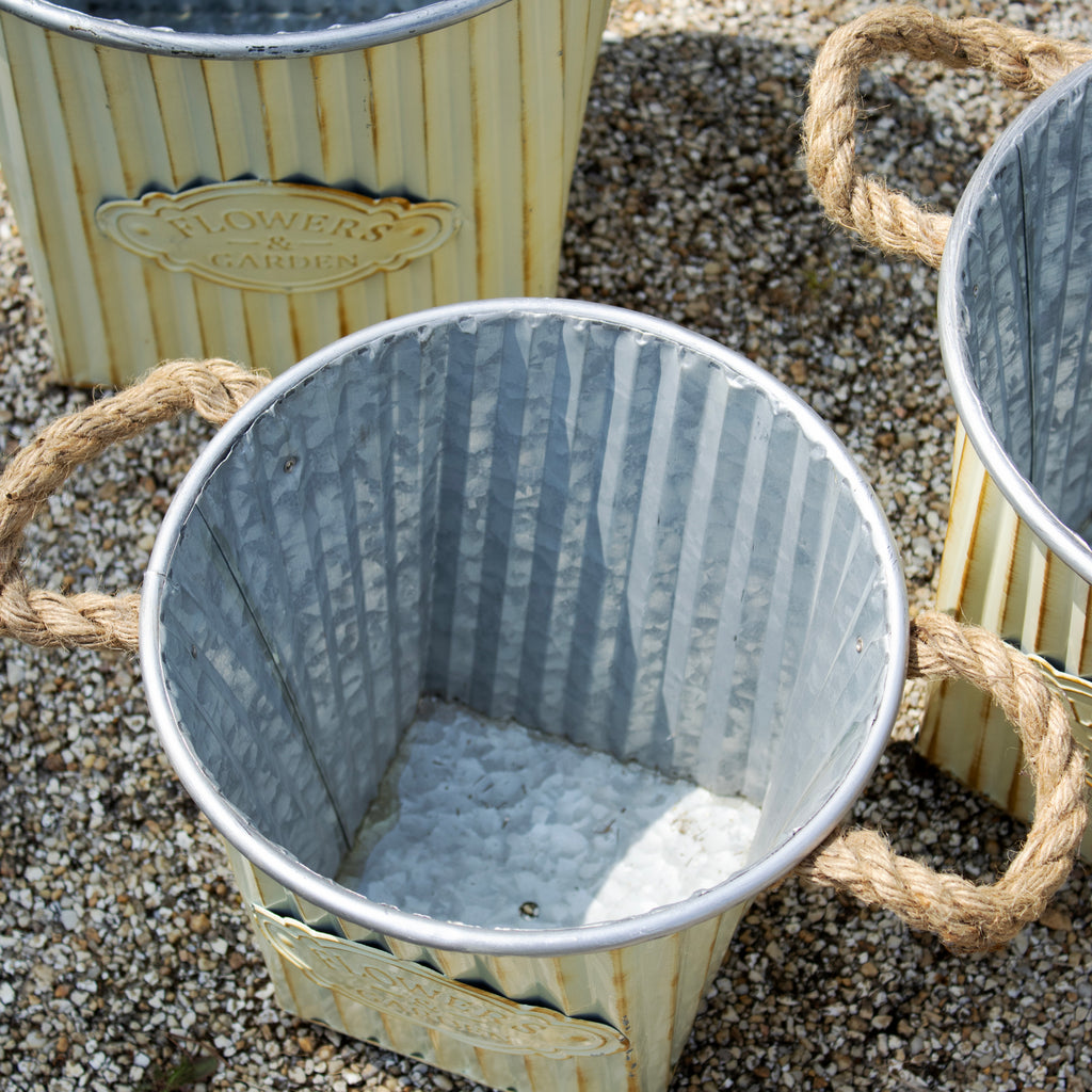 Set Of 3 Antique Cream Ribbed Zinc Planters
