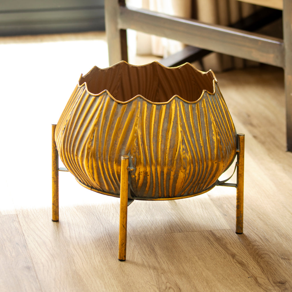 Antique Gold Lotus Metal Planter On Stand