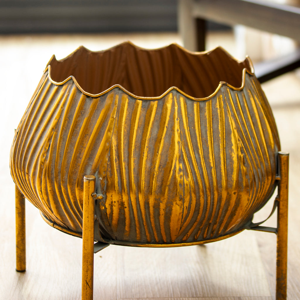 Antique Gold Lotus Metal Planter On Stand