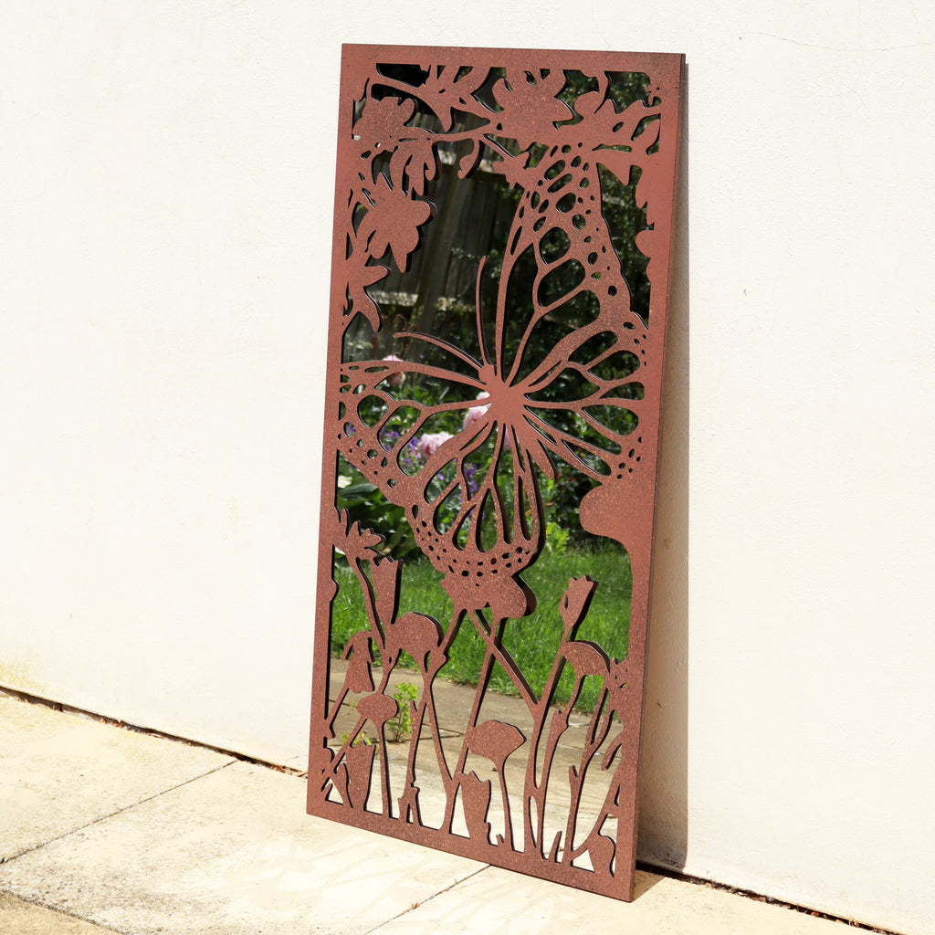 Rusted Metal Flower Butterfly Portrait Garden Mirror