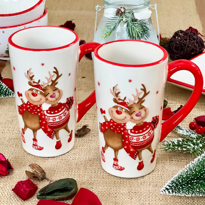 Set Of 2 Large Red Reindeer Latte Mugs