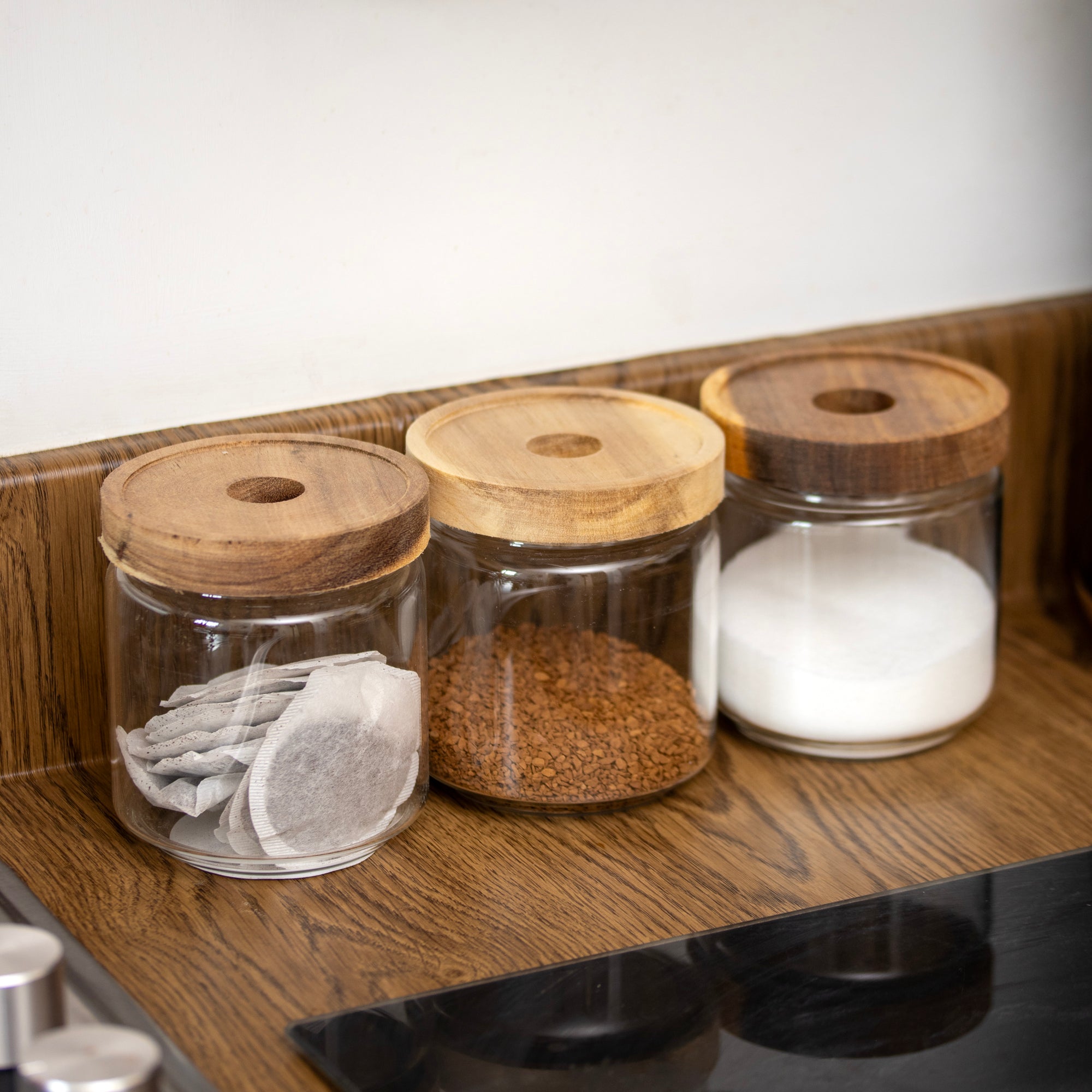 Set Of 3 Glass Acacia Storage Jars