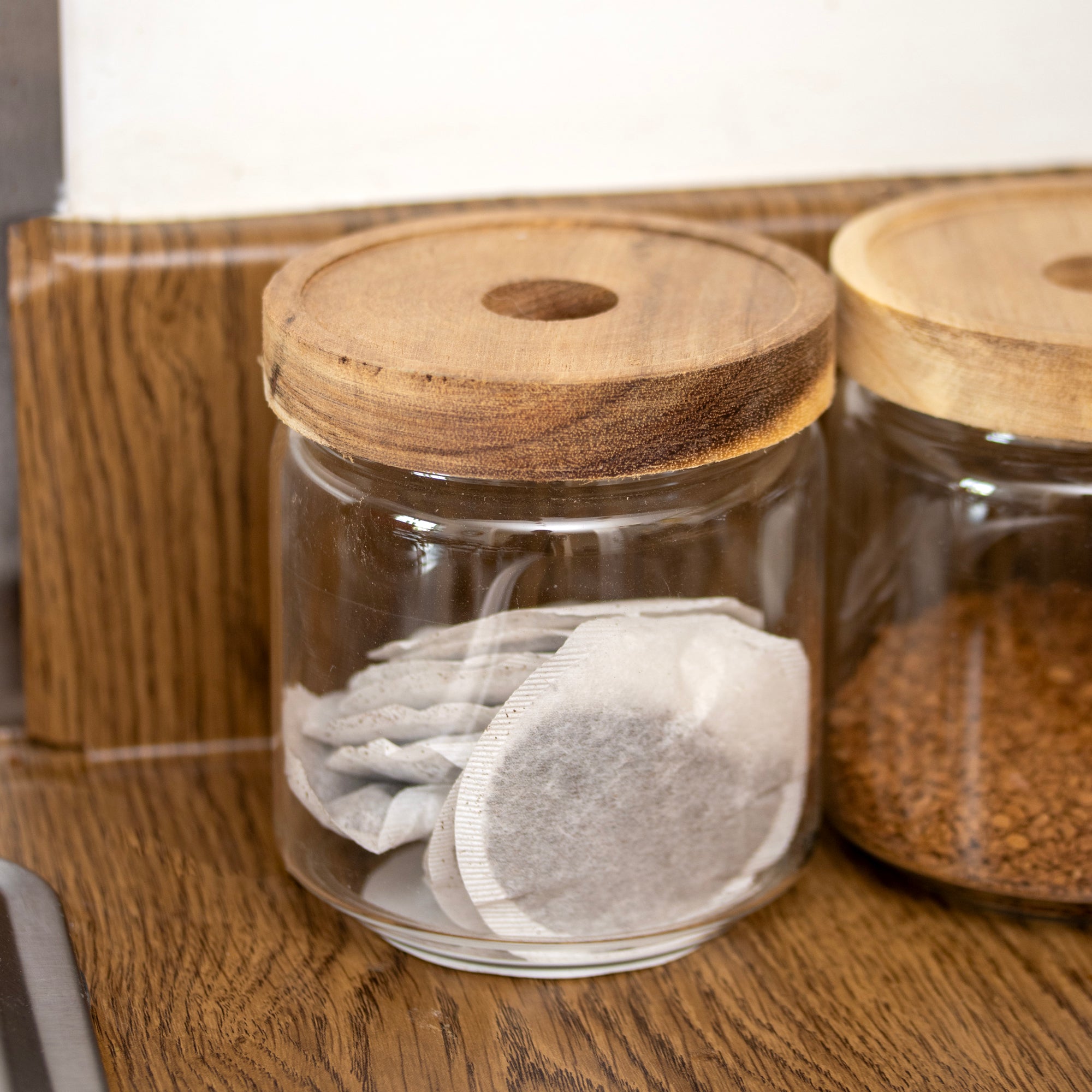 Set Of 3 Glass Acacia Storage Jars