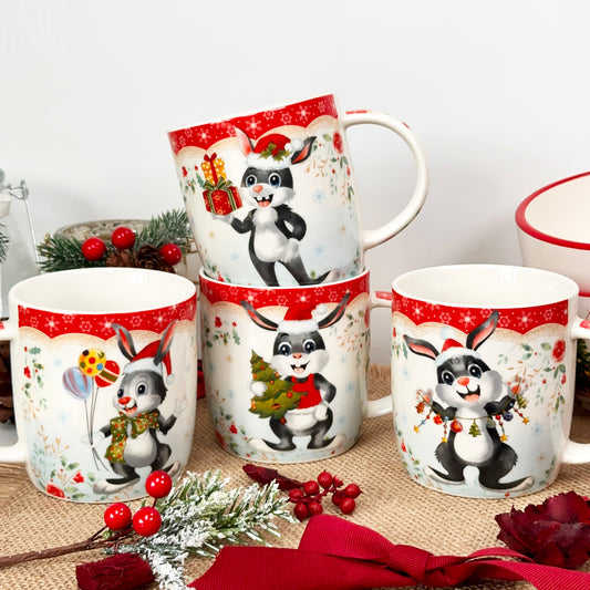 Set Of 4 Christmas Bunny Mugs