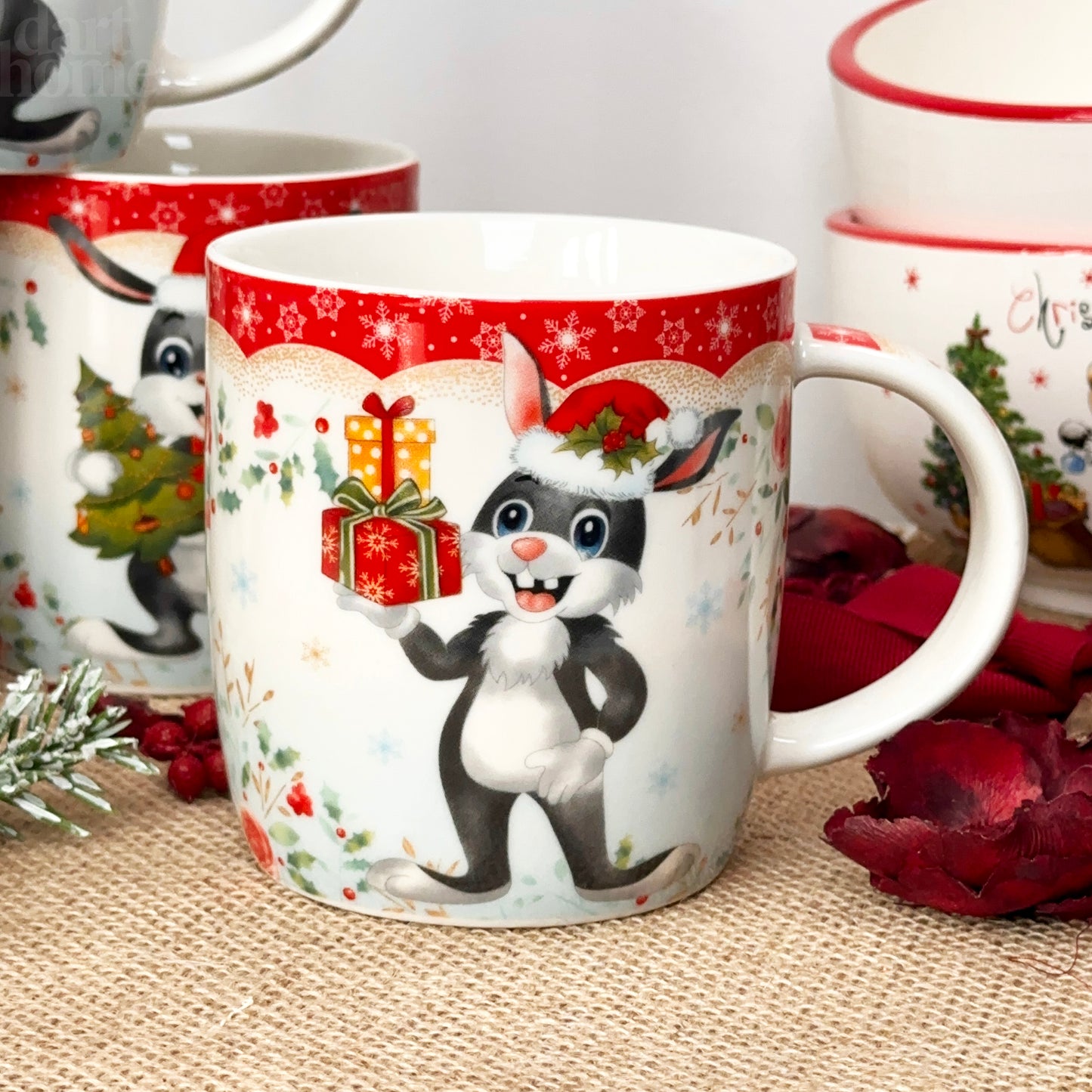 Set Of 4 Christmas Bunny Mugs