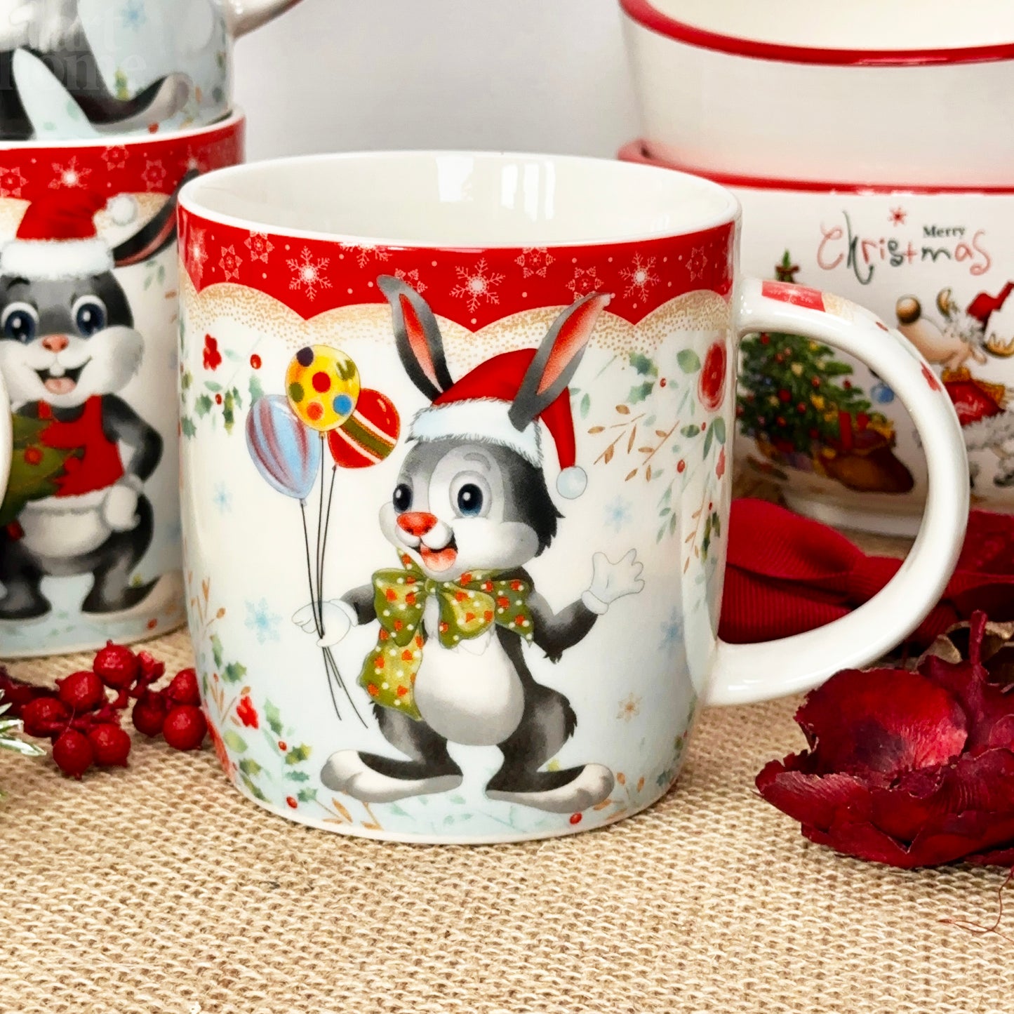 Set Of 4 Christmas Bunny Mugs