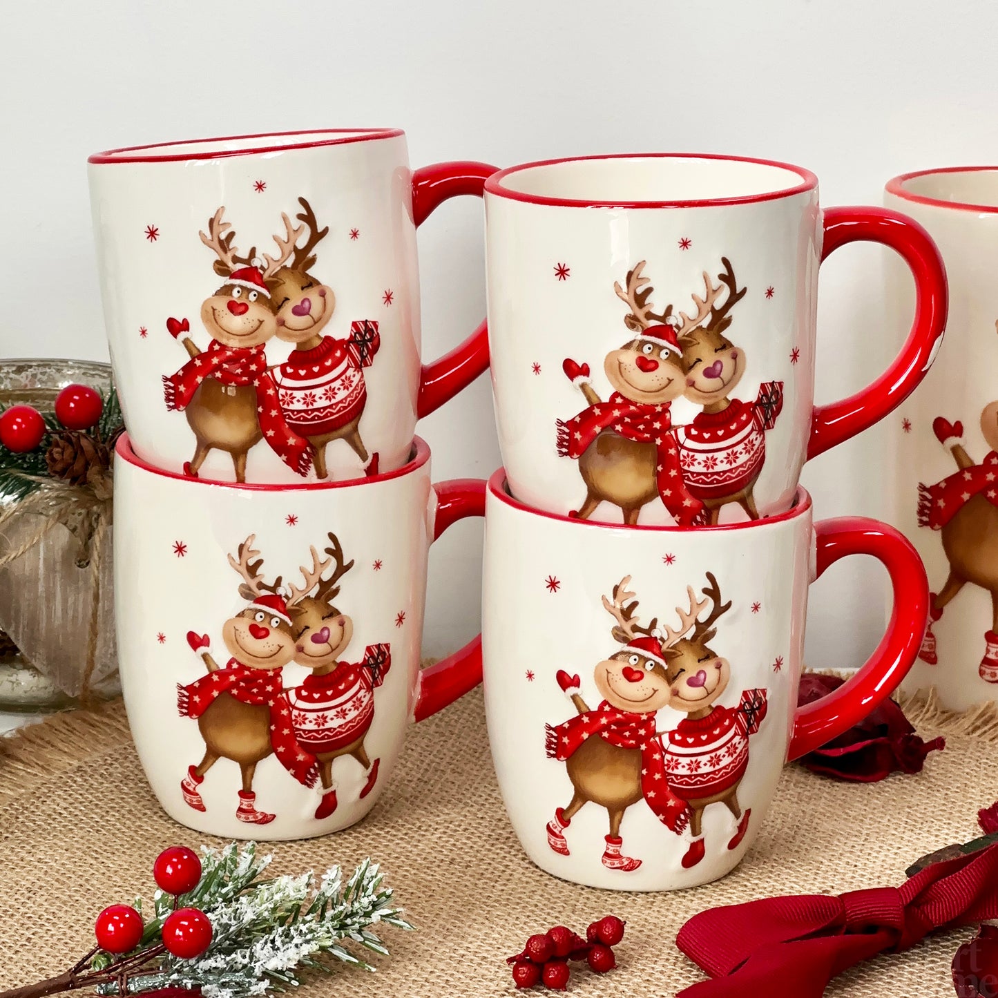 Set Of 4 Red Reindeer Mugs