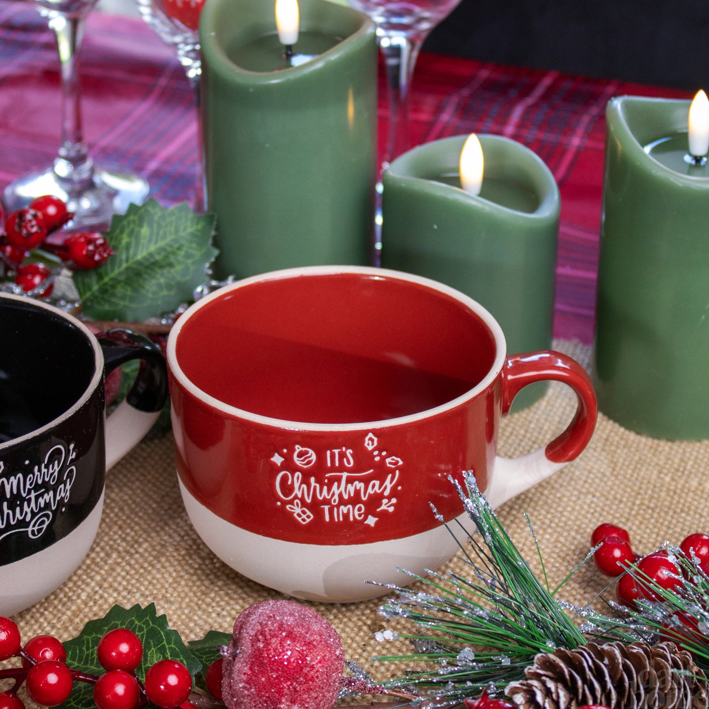 Set Of 2 Red & Black Christmas Soup Bowls