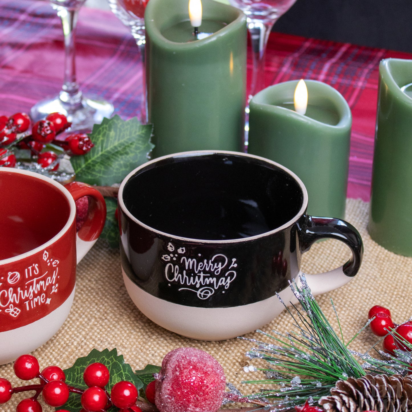 Set Of 2 Red & Black Christmas Soup Bowls