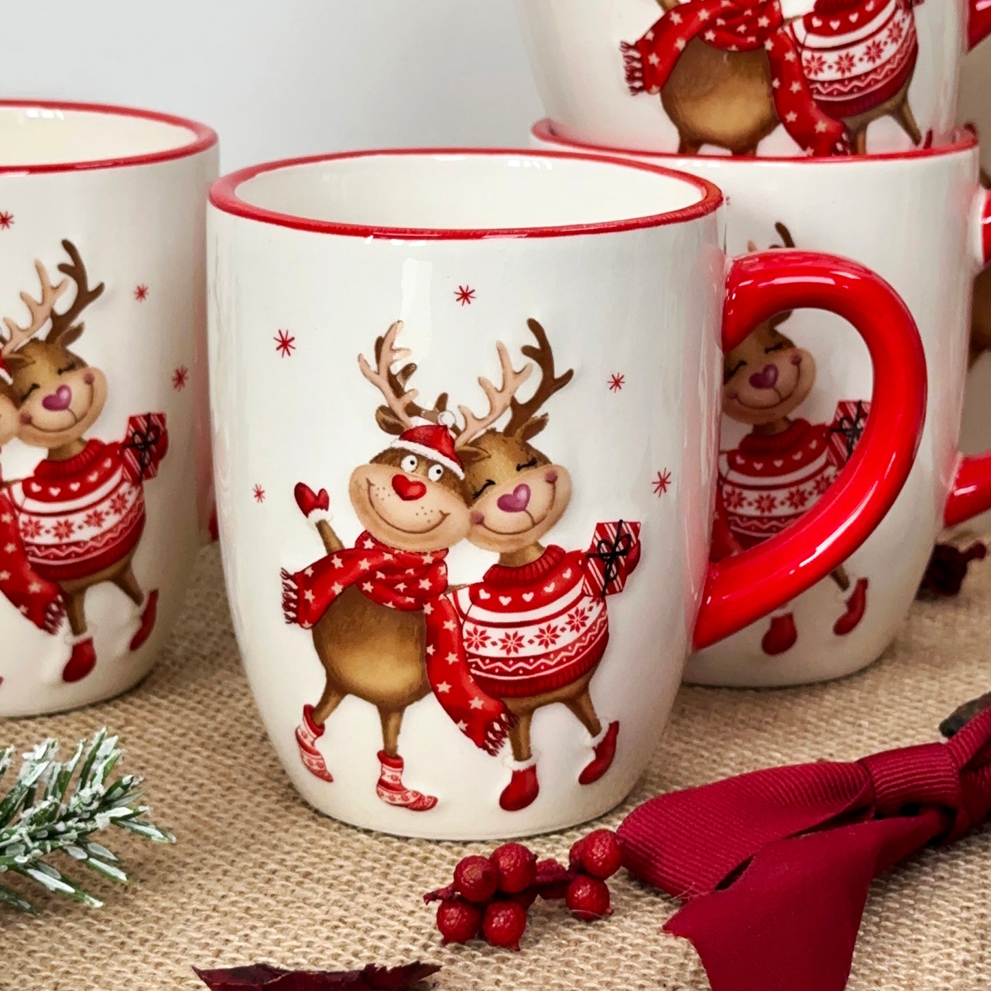 Set Of 4 Red Reindeer Mugs