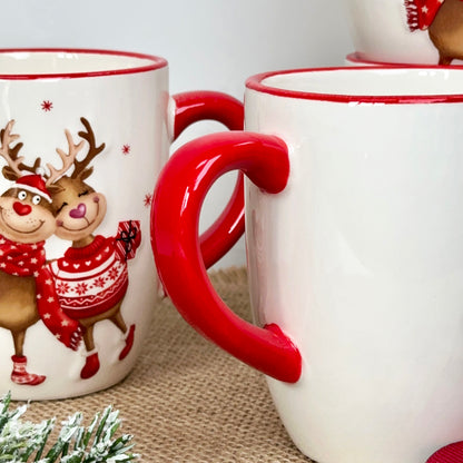 Set Of 4 Red Reindeer Mugs