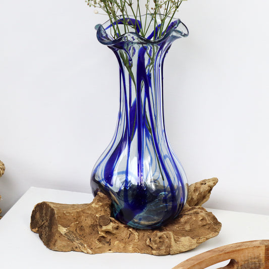 Blue Drip Molten Glass Vase On Teak Stand