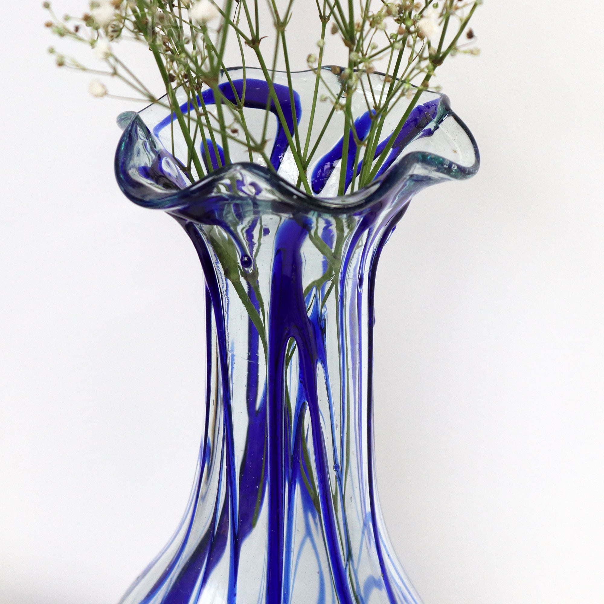Blue Drip Molten Glass Vase On Teak Stand