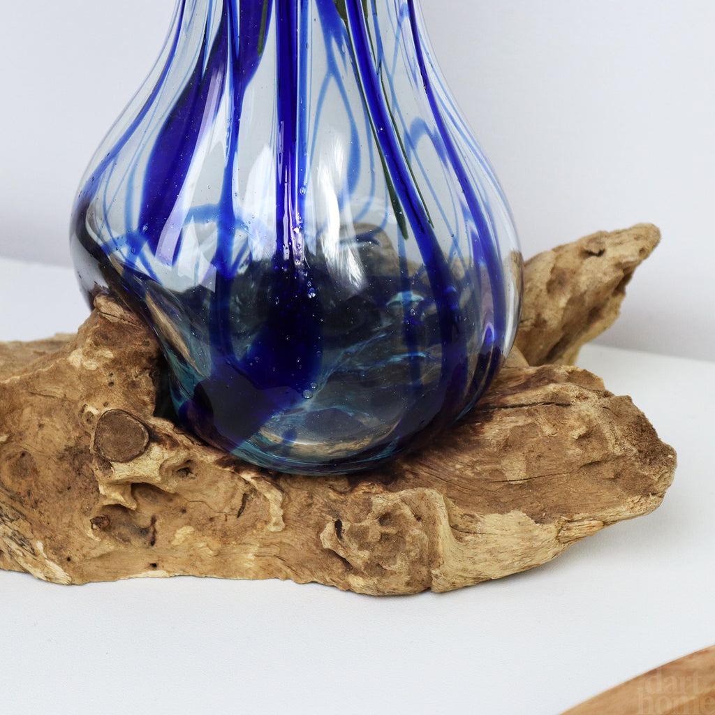 Blue Drip Molten Glass Vase On Teak Stand