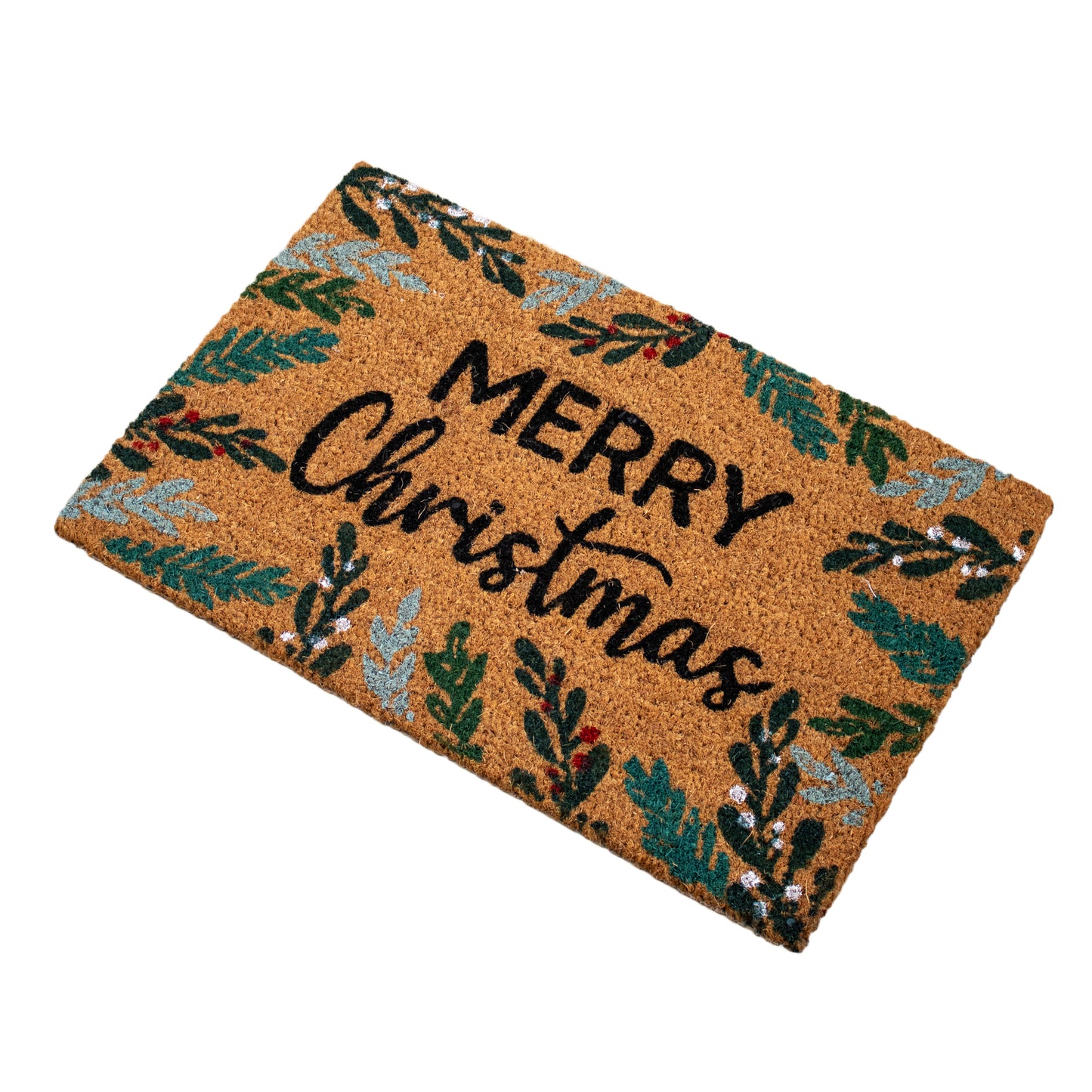 Floral Border Merry Christmas Latex Back Coir Doormat