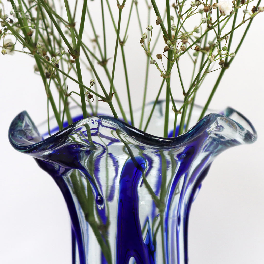 Blue Drip Molten Glass Vase On Teak Stand