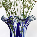 Blue Drip Molten Glass Vase On Teak Stand