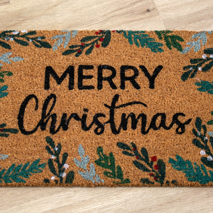 Floral Border Merry Christmas Latex Back Coir Doormat