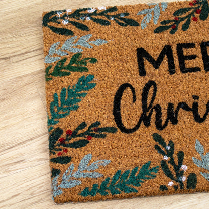 Floral Border Merry Christmas Latex Back Coir Doormat