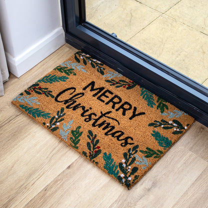 Floral Border Merry Christmas Latex Back Coir Doormat