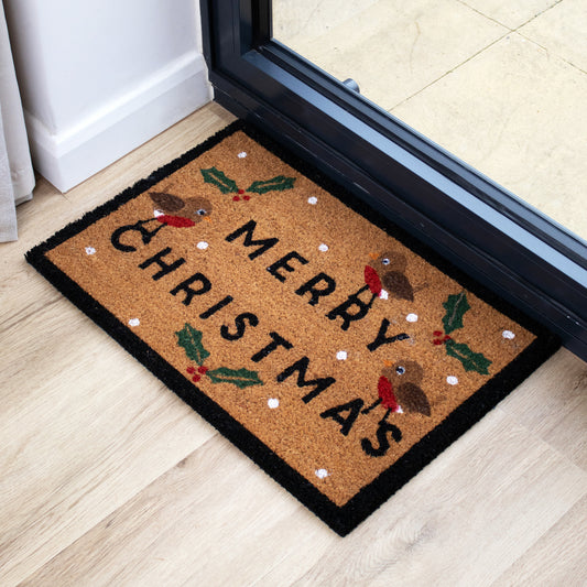 Robin Merry Christmas Latex Backed Coir Doormat